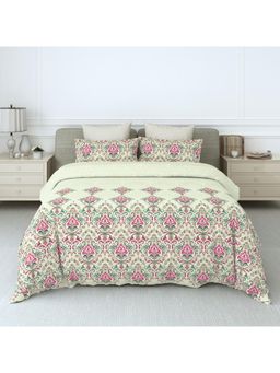 LABHAM - 180Tc Pure Cotton Ethnic Print Flat Beige Bedsheet with 2 Pillow Covers (King)