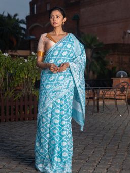 Beatitude - Blue Cotton Silk Jacquard Jamdani Saree Without Blouse