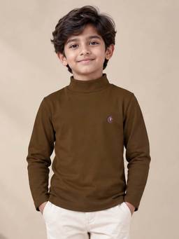 KiddoPanti - Brown Turtle Neck Full Sleeve T-Shirt