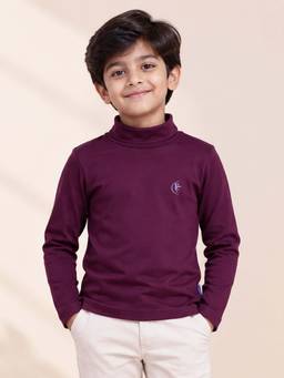 KiddoPanti - Wine Turtle Neck Full Sleeve T-Shirt
