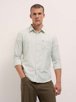 The Bear House - Men's Green Slim Fit Stripes Cotton Casual Shirt