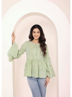 Kaori By Shreya - Green and Off-White Striped Bell Sleeve Peplum Cotton Top