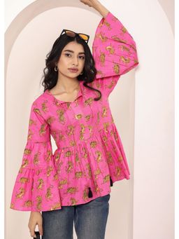 Kaori By Shreya - Pink Animal Print Bell Sleeve Peplum Cotton Top
