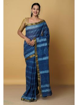 Unnati Silks - Navy Blue Pure Chanderi Cotton Saree with Unstitched Blouse