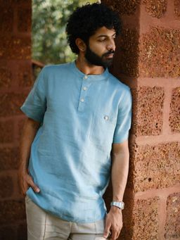 Creatures of Habit - Linen Bandh Gala Shirt- Aqua
