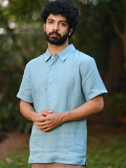Creatures of Habit - Linen Polo Shirt- Aqua