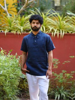 Creatures of Habit - Linen Navy Blue Polo Shirt