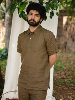 Creatures of Habit - Linen Polo Shirt- Olive Green