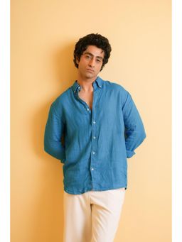 J.LINUM Co - Alabaster Sand Linen Blue Full Sleeves Shirt