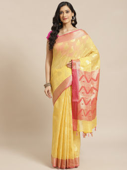 Indethnic - Banarasi Yellow Woven Design Festive Wear Saree With Unstitched Blouse