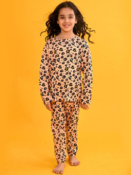 ANTHRILO - Leopard Floral Long Sleeve Pyjama Set - Peach