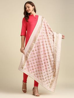 Dupatta Bazaar - Womens Baby Pink Embroidered Lucknowi Work Dupatta with Gota Patti Work