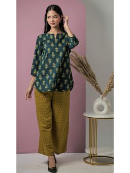 FEATHERS CLOSET - Deep Green Hand Block Printed Cotton Top with Pant (Set of 2)