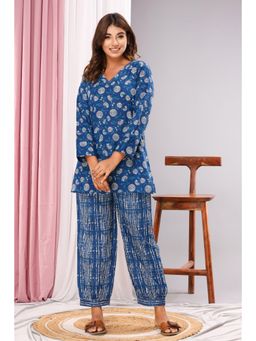 FEATHERS CLOSET - Lake Blue Pure Cotton V Neck Top with Pant (Set of 2)