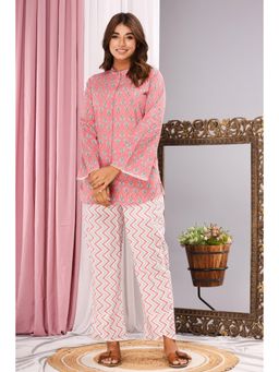 FEATHERS CLOSET - Pink Mandarin Collar Pure Cotton Top with Pant (Set of 2)