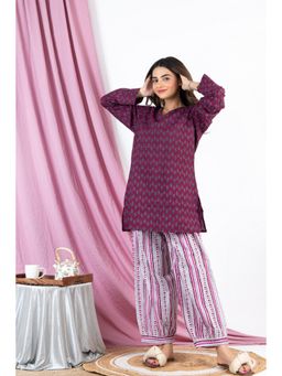 FEATHERS CLOSET - Wine V Neck Pure Cotton Top with Pant (Set of 2)