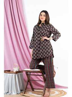 FEATHERS CLOSET - Black Maroon Collared Pure Cotton Top with Pant (Set of 2)