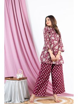 FEATHERS CLOSET - Burgundy Collared Pure Cotton Top with Pant (Set of 2)