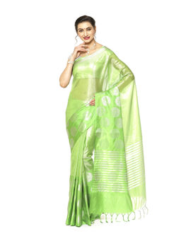 Banarasi Silk Works - Green Zari Kanchi Silk Tanchoi Meena Saree with Unstitched Blouse