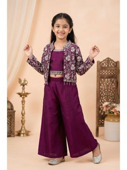 Lagorii - Wine Embroidered Top and Palazzo with Jacket