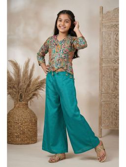 Lagorii - Teal Embroidered Top with Palazzo and Dupatta