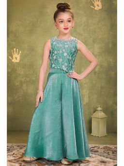 Lagorii - Green Embroidered Top with Palazzo and Dupatta