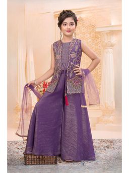Lagorii - Purple Embroidered Top with Jacket, Palazzo and Dupatta