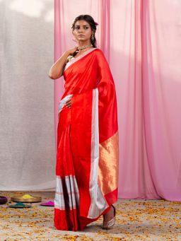 WeaverStory - Handwoven Red Chanderi Silk Saree with Mashroo Silk Border with Unstitched Blouse