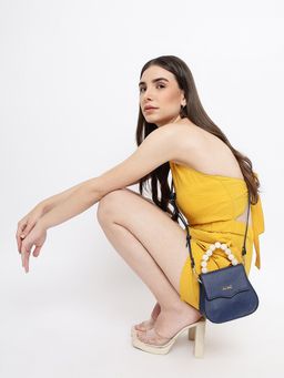 KLEIO - Vegan Leather Top Handle Mini Handbag with Detachable Sling for Crossbody-Navy Blue