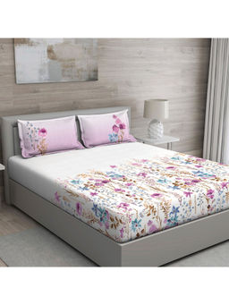 GM - Purple Blue And Brown Floral 150 Tc Cotton Queen Bedsheet With 2 Pillow Covers