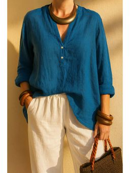 FABULOUS - Blue Solid Mandarin Neck Shirt