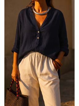 FABULOUS - Navy Blue Solid Mandarin Neck Shirt