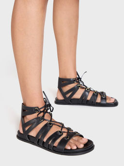 MIXT by Nykaa Fashion - Black Lace Tie Up Slider Flats For Women (EURO 41)