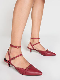 MIXT by Nykaa Fashion - Red Pointed Toe Buckle Strap Mule Kitten Heels For Women (EURO 41)
