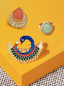 Zaveri Pearls - Set of 3 Multi-Color Stones Meenakari Kundan Finger Rings-ZPFK15402