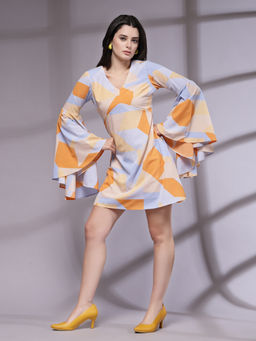 KASSUALLY - Abstract Printed V-Neck Bell Sleeves A-Line Mini Dress