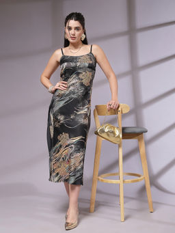 KASSUALLY - Floral Printed Shoulder Straps Satin Sheath Midi Dress