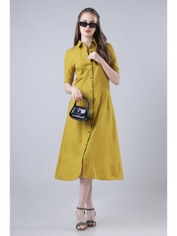 NEOFAA - Solid Old Moss Mustard A-Line Midi Shirt Dress