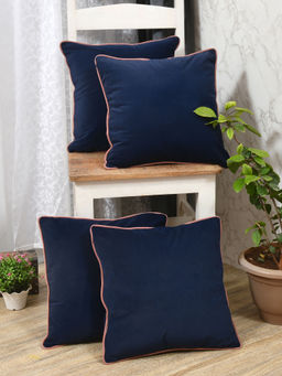 The Home Story - Clasiko Velvet Cushion Covers Blue with Pink Piping (Set of 4) (18x18 Inches)