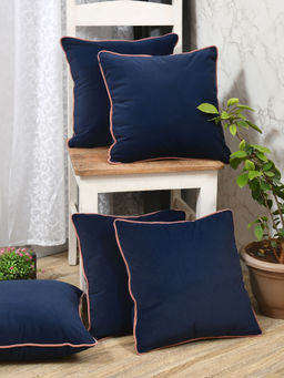 The Home Story - Clasiko Velvet Cushion Covers Blue with Pink Piping (Set of 5)