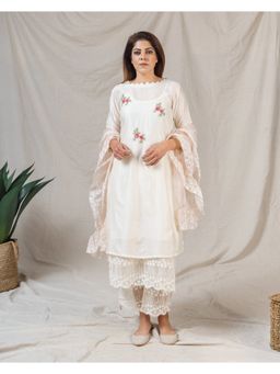 Naaz By Noor - Magnolia White Kurta With Pant And Dupatta (Set of 3)