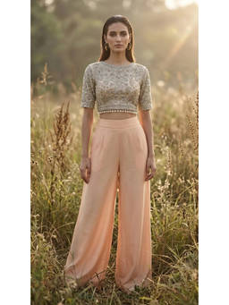 Basanti Kapde aur Koffee - Women Crepe Peach Embellished/Sequined Bustier with Palazzo