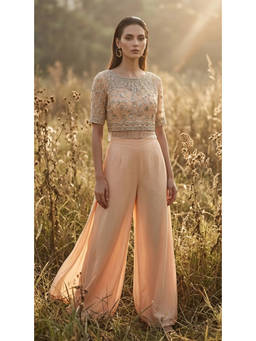 Basanti Kapde aur Koffee - Women Crepe Peach Embroidered Bustier with Palazzo