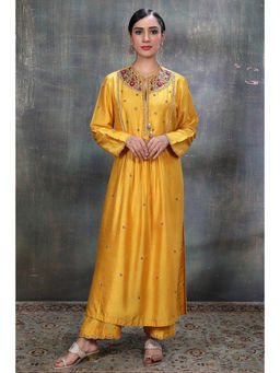 Label Niti Bothra - Women Mustard Floral Zardozi Chunnat Kurta with Palazzo