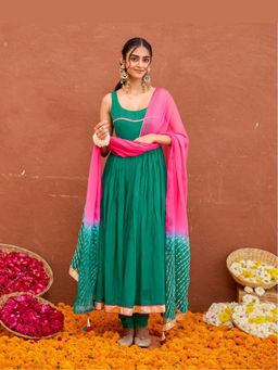 Taro India - Female Green Aarna Anarkali Kurta with Pant and Dupatta