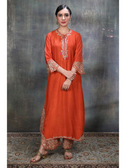 Label Niti Bothra - Women Orange Leaf Jaal Kurta with Pant