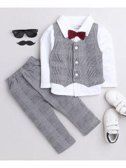 Bumzee - Grey Boys Full Sleeves Shirt Waistcoat & Pant with Applique Bow (Set of 3)
