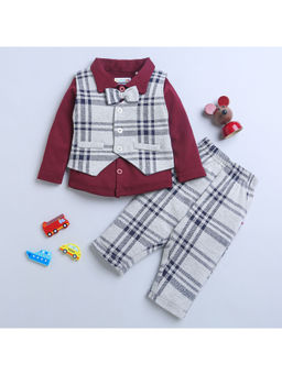 Bumzee - Beige Boys Full Sleeves Shirt Waistcoat & Pant with Applique Bow (Set of 3)