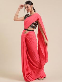 Sareemall - Women Georgette Pink Solid Belted Sarees with Unstitched Blouse Piece