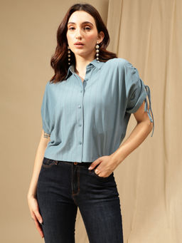 Xpose - Women Blue Cuban Collar Casual Shirt